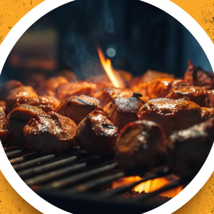 Chicken boti charring over open coals on the grill