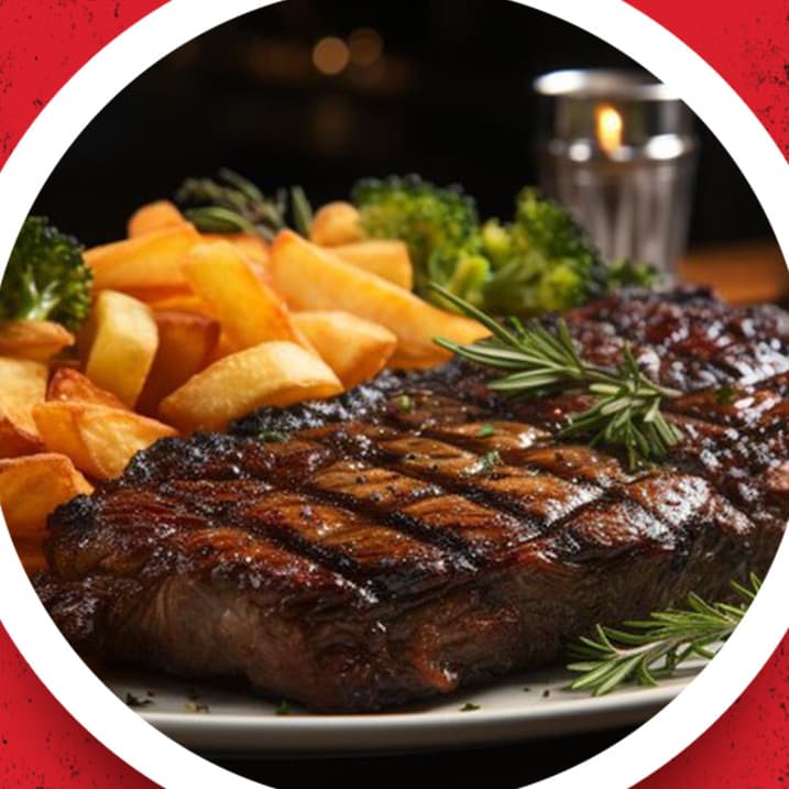 Grilled steak with fries, broccoli and rosemary
